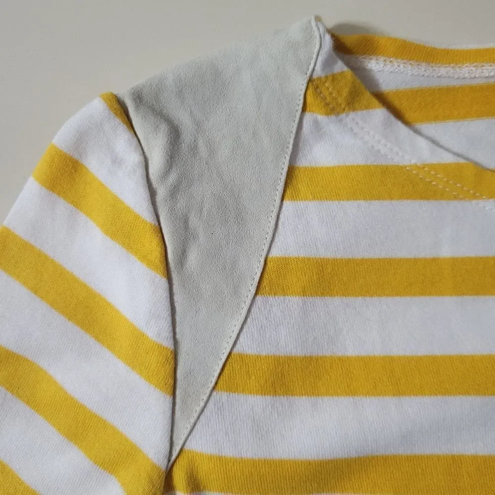 J.Crew Women's Crewneck Yellow Stripe Suede Shoulder Long Sleeve Pullover Top